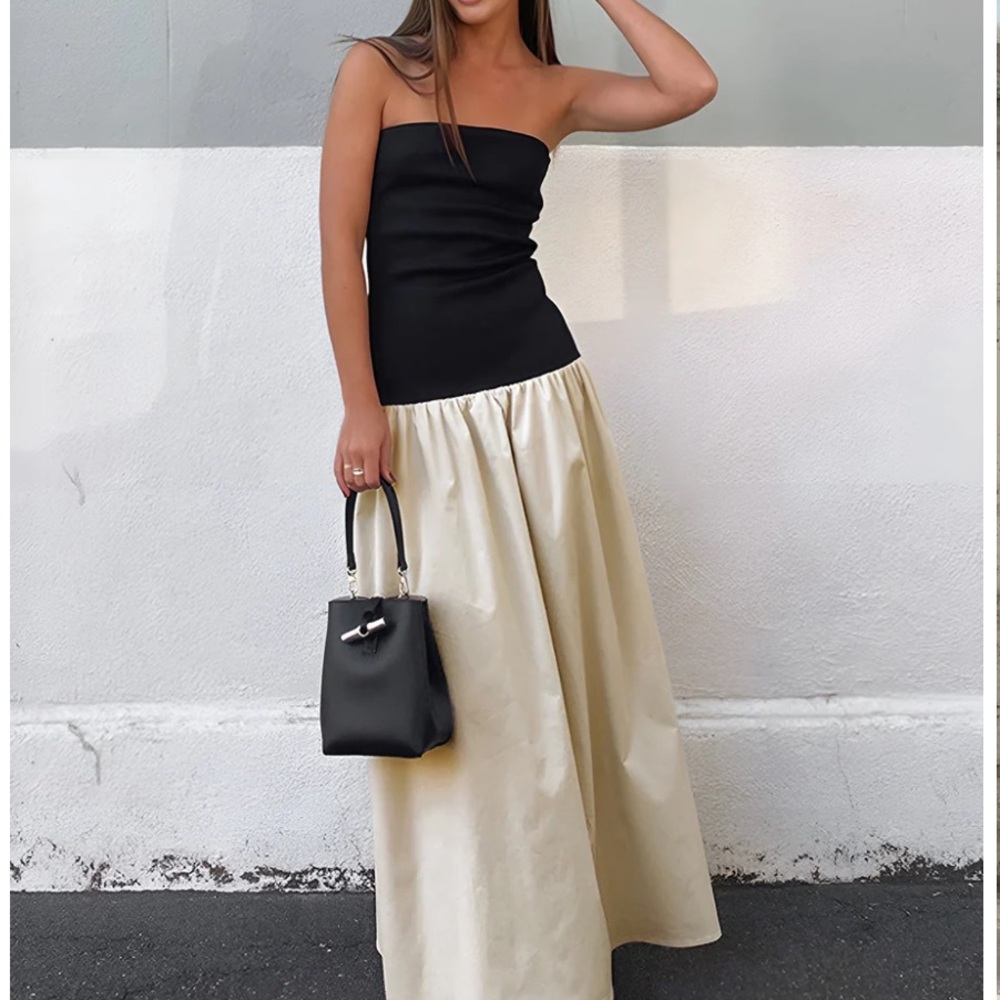 Commense contrast color dress Black Top with Cream Skirt